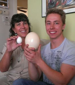 Sherry and Joe with chicken and ostrich eggs